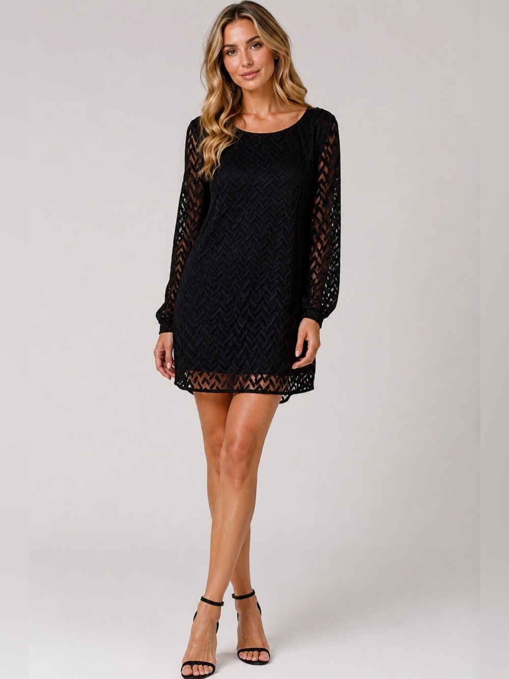 ASTR Blue Patterned Shift Dress | Sheer Long Sleeve | Scoop Neck | Size S